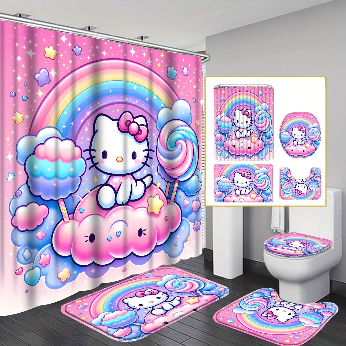 TEMU Hello Kitty Bathroom Decor And Accessories, Shower Curtain Bathroom Sets Full Set With 12 Hooks, Bath Rug, Toilet Cover & Mat - Cute Pink Cat