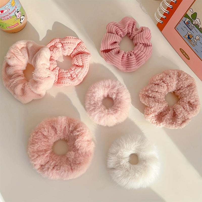 TEMU Elegant Pink Plush Hair Bands - Ponytail Holders For Women & S 14+, Large Hair Ties With Fluffy Texture, Cute Hair Accessories For Ponytails,