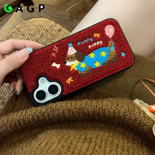 High Quality Colorful Dot Dog Luxury Cartoon Embroidery Cute Cat Winter Phone Case Suitable for iPhone 13 14 15 16 Pro Max Plush 16promax Ph