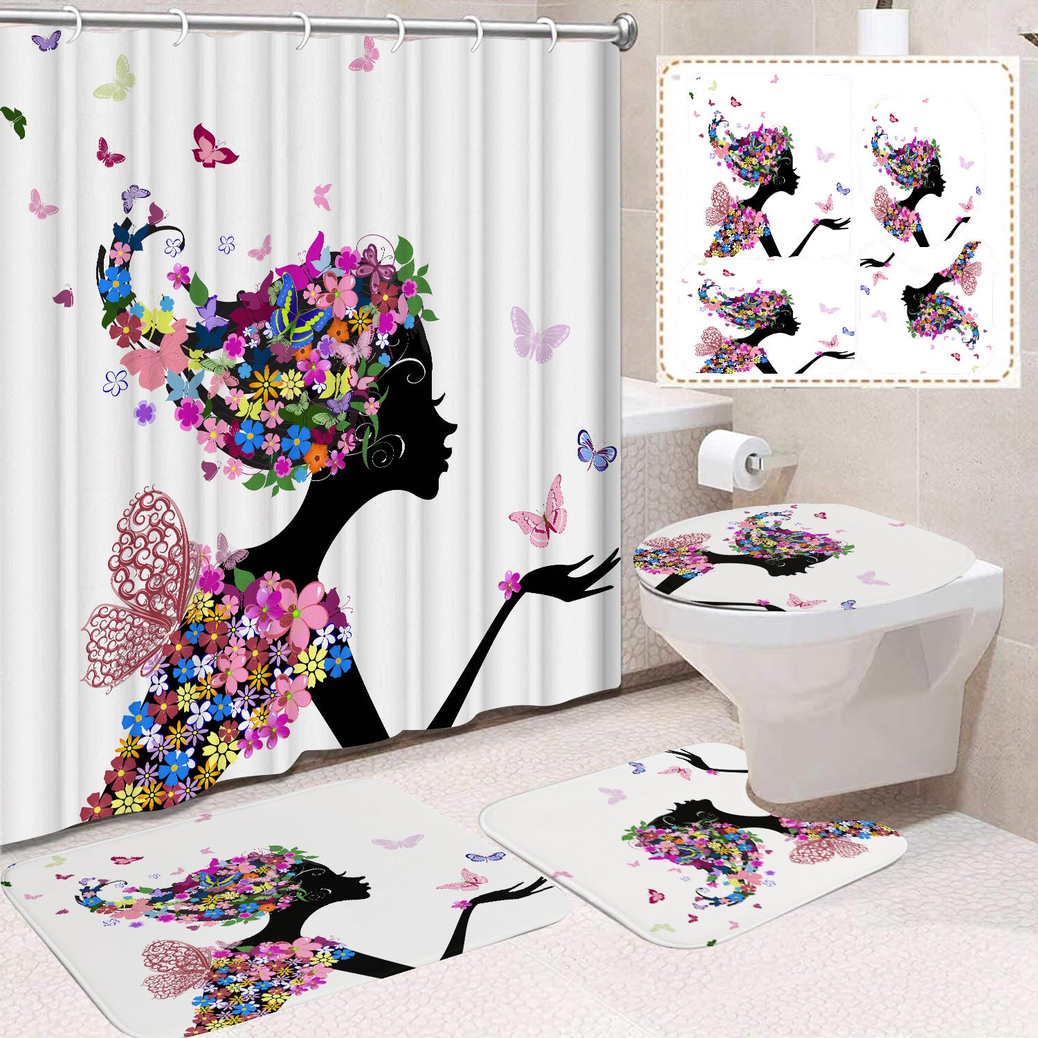 YL-37498 Shower Curtain African Girl Home Bathroom Decoration Curtain Toilet Floor Mat Toilet Non-slip Floor Mat