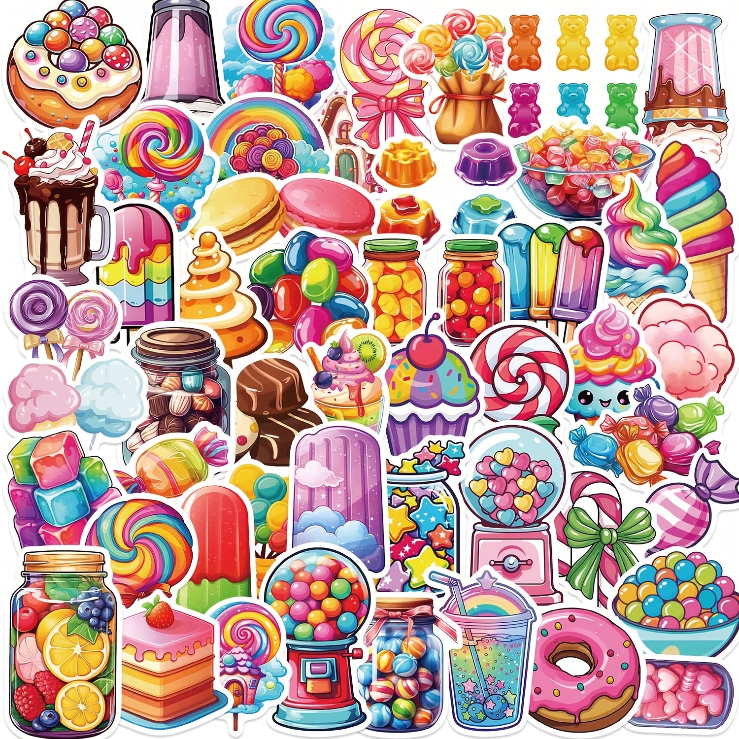 TEMU 50pcs Waterproof Candy Stickers Colorful Cartoon Graffiti Decals For Diy Crafts, Laptop, Guitar, Suitcase - Vibrant Sweets, Lollipops, & Donuts