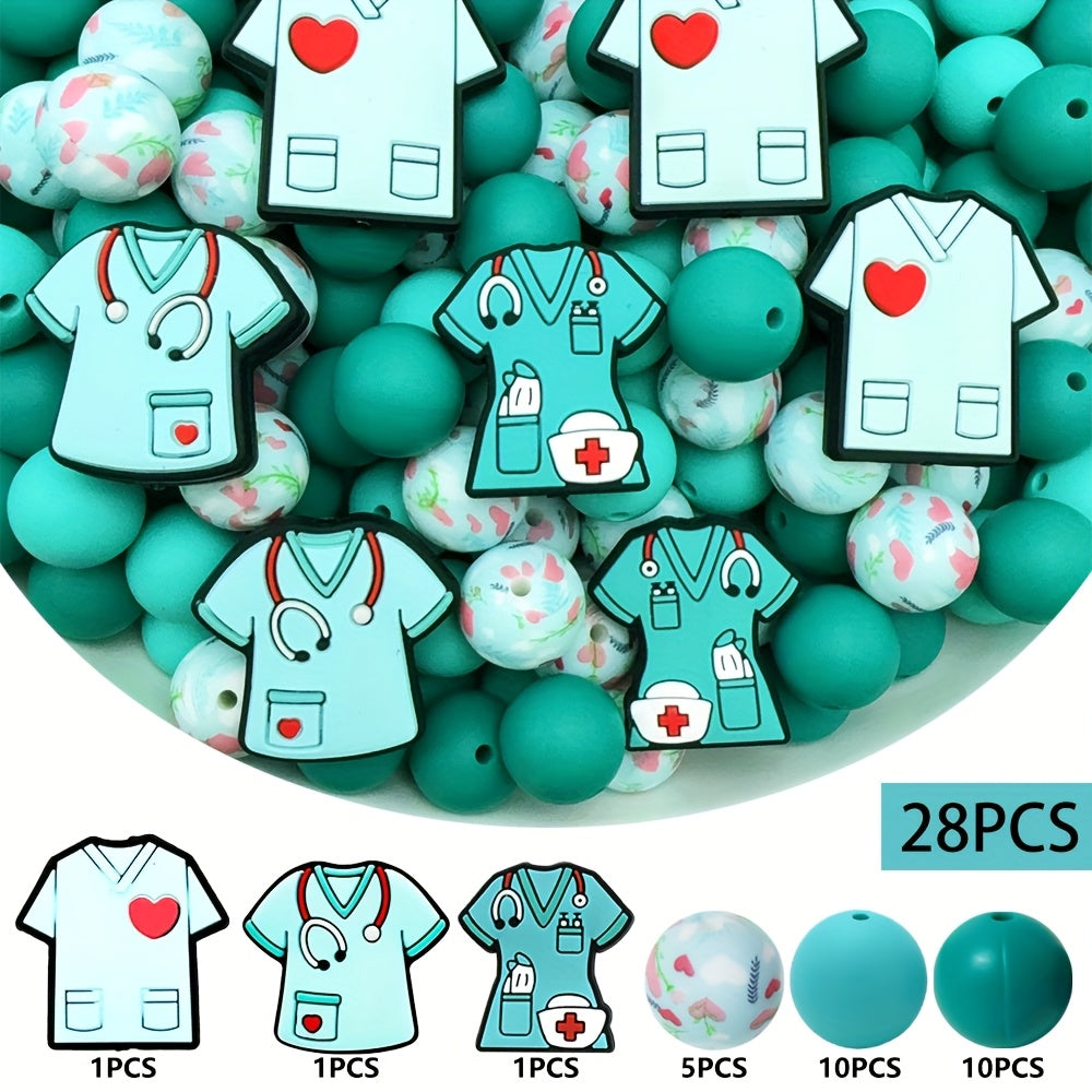 TEMU 28pcs Nurse Uniform Silicone Beads - Heart-shaped Theme Diy Craft Beads With Stethoscope & For Jewelry Making, Keychains, Beaded Pens - Durable