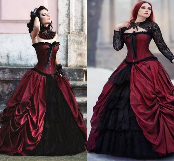 Victorian burgundy and Black Wedding Dress with Jacket Plus Size Gothic Applique Lace-up Corset Pleated Beauty Bride Gowns