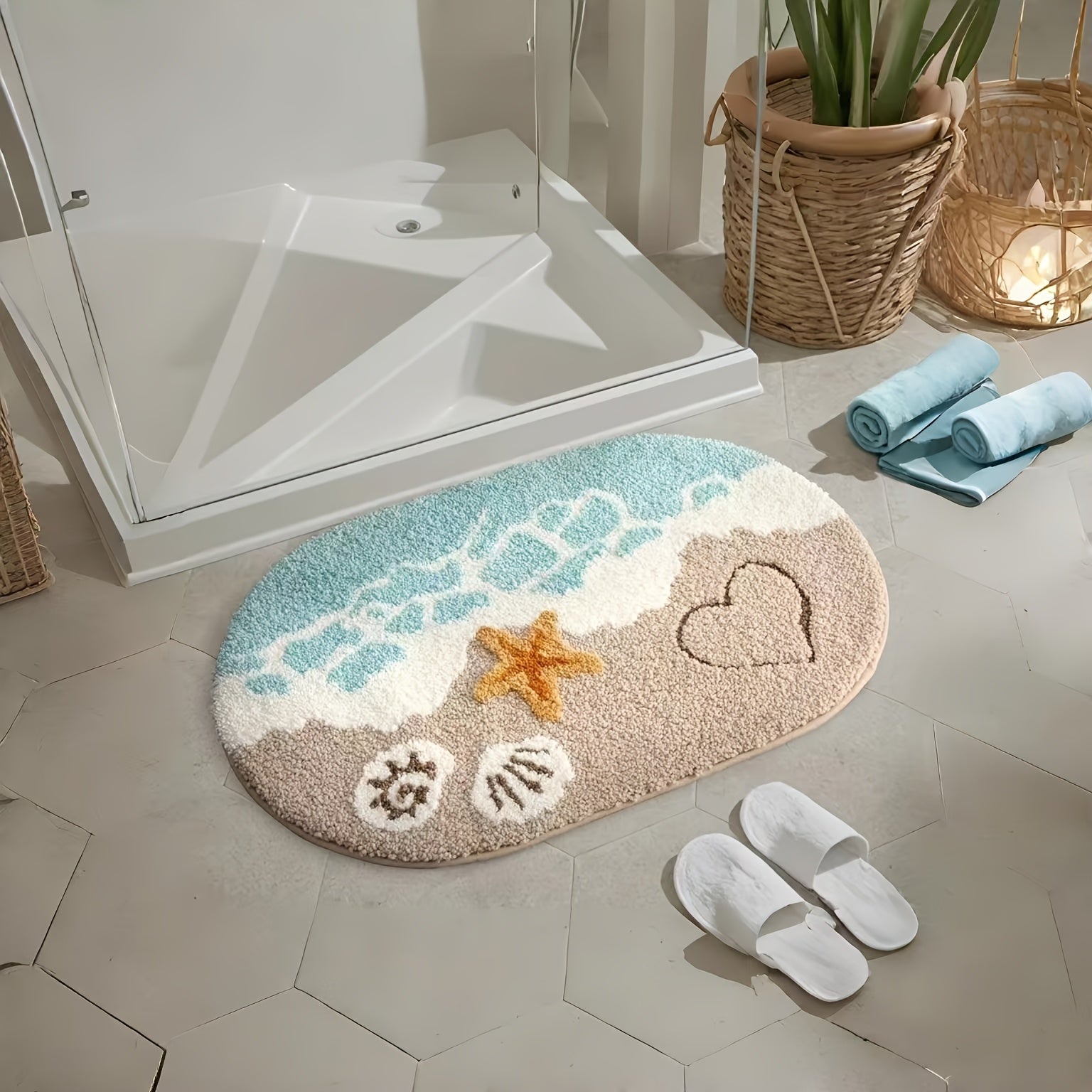 TEMU Wool Ocean Themed Bath Mat, Non-slip Oval Design With Starfish & Heart Patterns.perfect For Bathroom, Shower, Living Room, Bedroom, Or Entryway