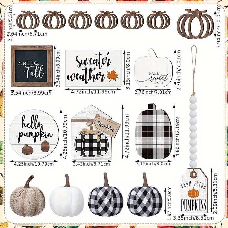 TEMU 18 Autumn Thanksgiving Layered Tray Decoration Set, Pumpkin Leaf Buffalo Checkered Wooden Plaque Countryside Farmhouse Tray Decoration Desktop