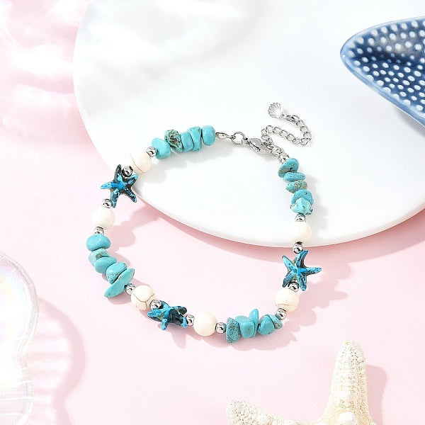 Dyed Synthetic Turquoise Starfish & Chip Beaded Anklets with 304 Stainless Steel End Chains
