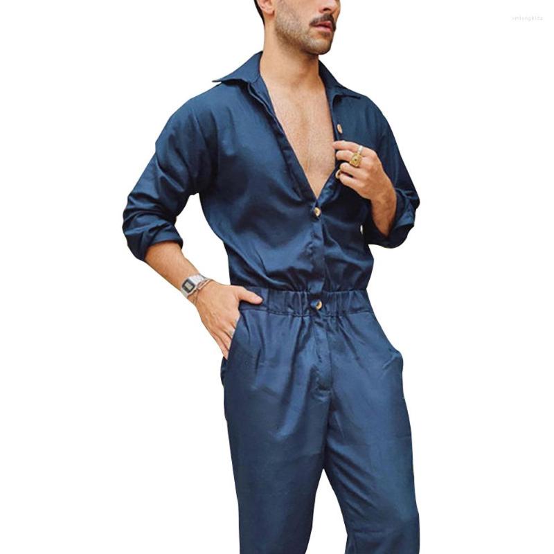 Men&#039;s Pants Men Jumpsuit Playsuit Solid Color Buttons Male Casual Cargo Style Overalls Turn Down Collar Long Sleeve Slim Fit High Waist Pant