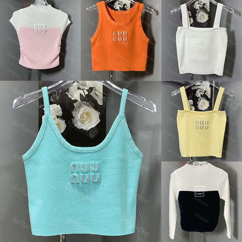 Hot Pressed Diamond Knit Vest Luxury Color Blocked Knitted Tee Womens Designer Short Top Sleeveless Tanks Sweater Slim Fit Elastic Long Sleeve Shirt