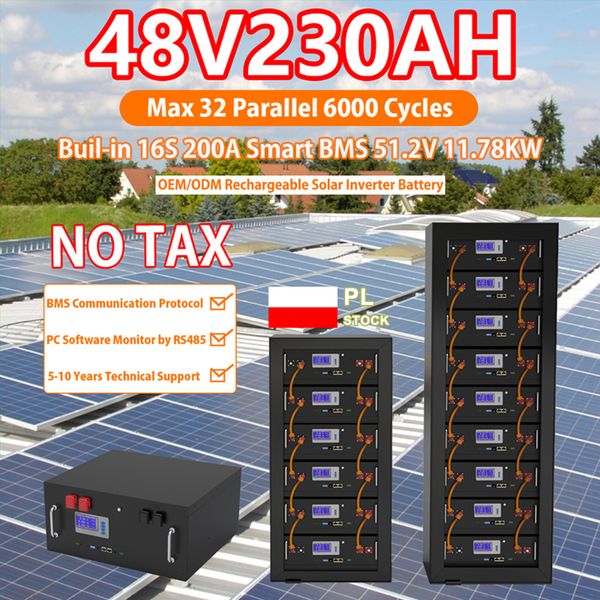 48V 230Ah 200Ah LiFePO4 Battery Pack 51.2V 12Kw 10Kw 6000 Cycles 32 Parallel PC Monitor Inverter Battery Built-in CAN RS485 BMS