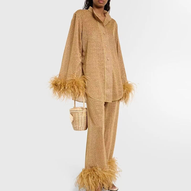 autumn fashion feather decal party set womens standing collar long sleeved top and pants set elegant button solid dress 241014