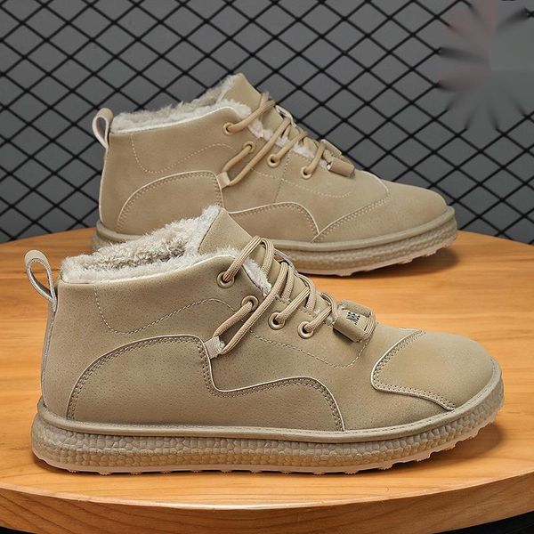 Winter thick snow with added fleece, outdoor sports warm cotton shoes, mid top lace up men&#039;s suede leather boots