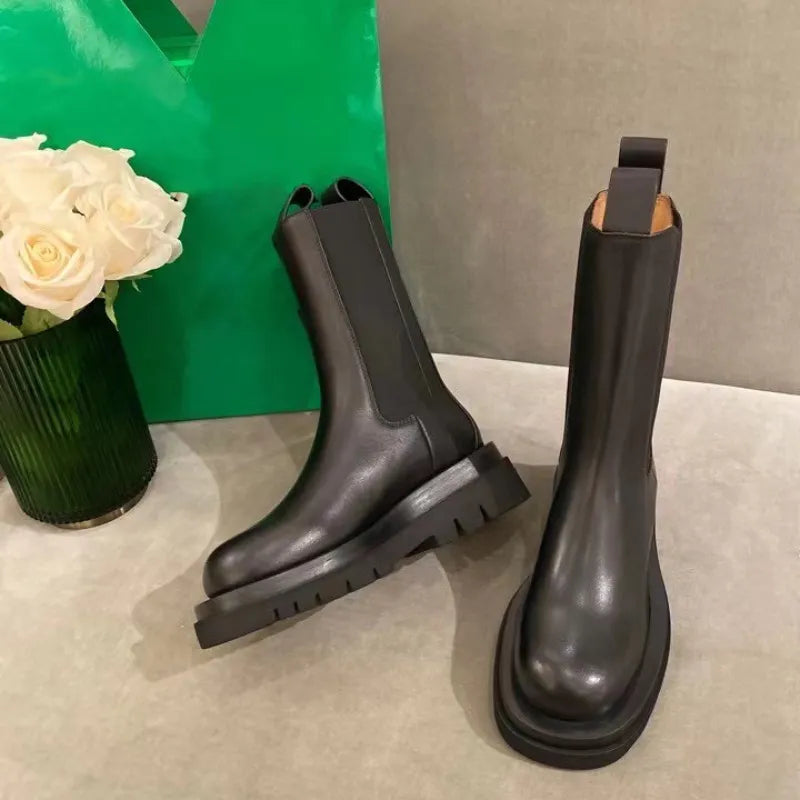 Black chunky platform Boots stacked lug mid-calf boots leather shoes tire short boot low heel Martin booties heavy duty luxury designer brands for w