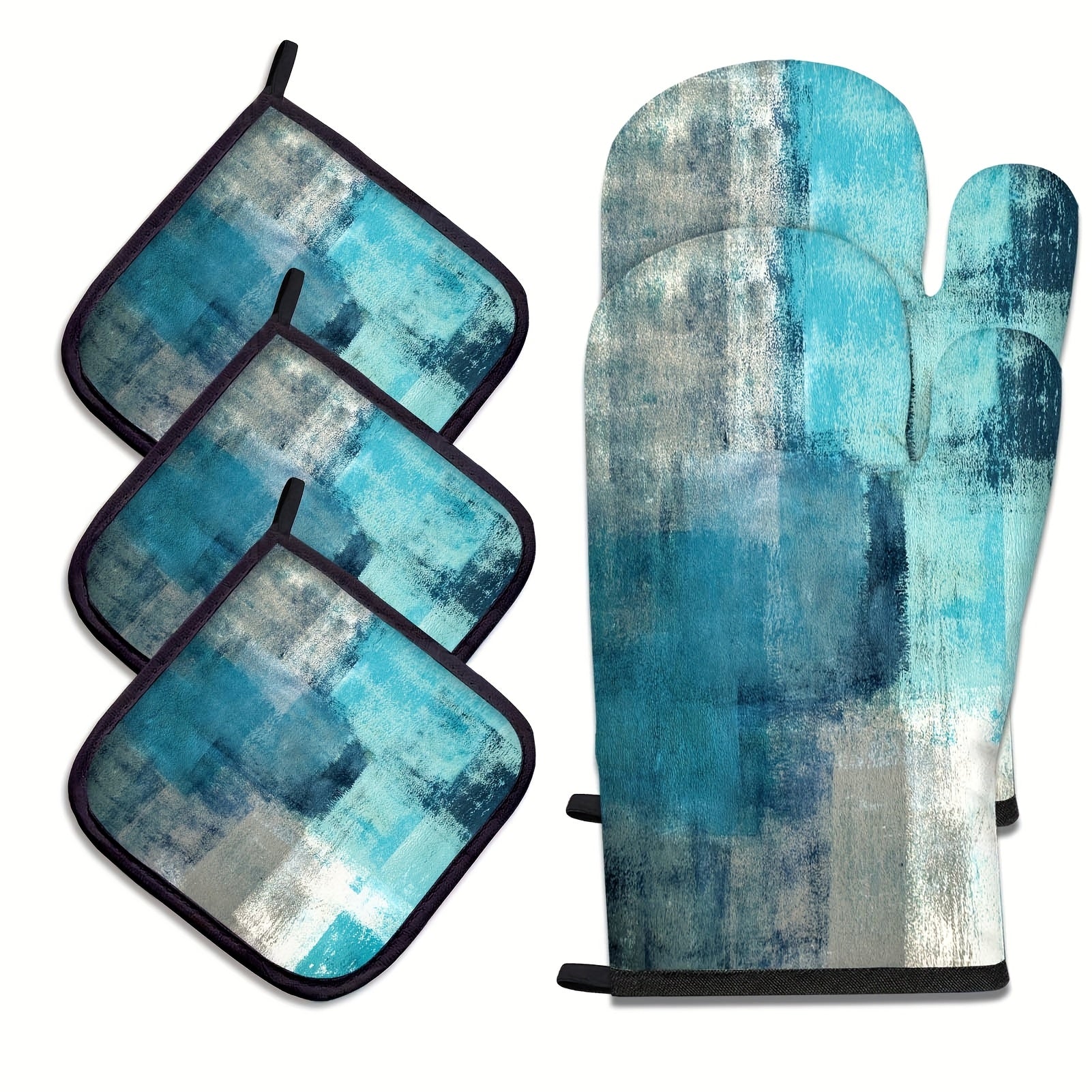 TEMU 5pcs Turquoise Abstract Oven Mitts And Pot Holders Sets, Modern Oven Gloves And Hot Pads For Kitchen Cooking, Art Oven Mitt Potholder Is