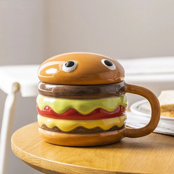 300ml Ceramic Cup Creative Hamburger Coffee Cup Cute Cartoon Childrens Mug Breakfast Oatmeal Milk Cups with Lid Home Cups 240824
