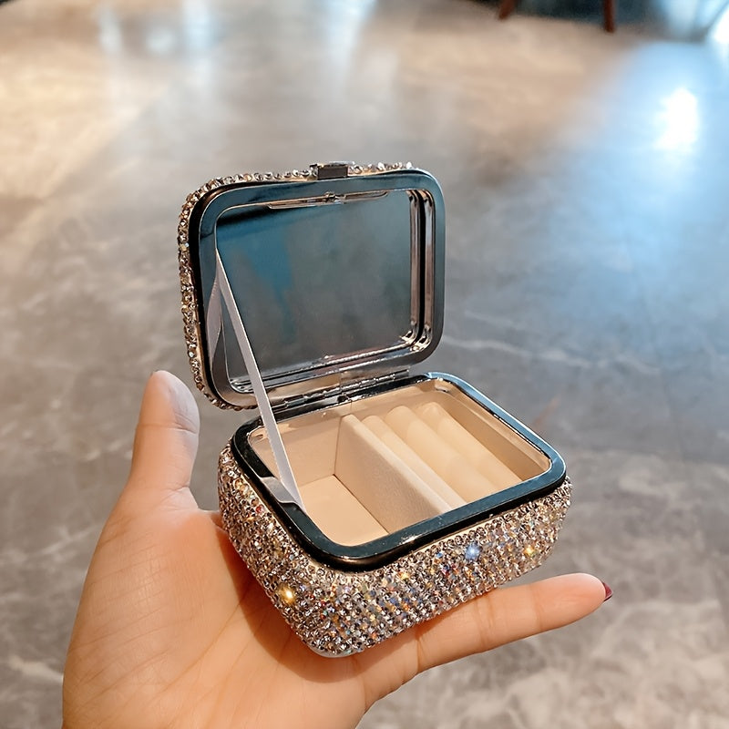 TEMU Luxurious Diamond-studded Jewelry Box, Fashionable Rectangular Leather-lined Organizer, Versatile High-end Gift Box For Rings, Bracelets,