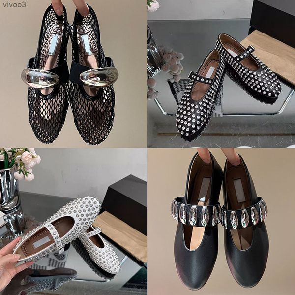 Designer Luxury Shoes New Women Ballet Flats Hollowed Out Mesh Sandal Mules Round Head Rhinestone Rivet Buckle Mary Genuine Leather Jane Sho