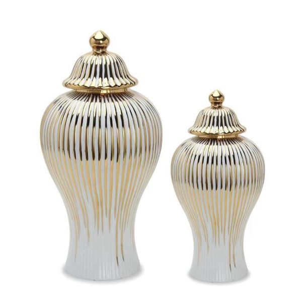 Vases Ceramic Ginger Jar Golden Stripes Decorative General Jar Vase Porcelain Storage Tank with Lid Handicraft Home Decoration H250116