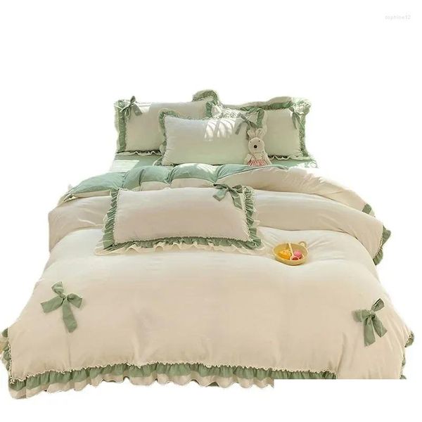 Bedding Sets Pink Lace Ruffle Bowknot Duvet Cover Bed Skirt ens Pillowcases Set For Girls Woman Decor Home Drop Delivery Dhcob