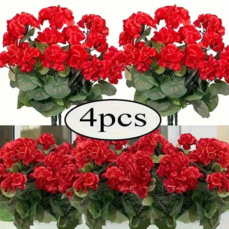 TEMU 4pcs Uv Resistant Artificial Geranium Flowers - Realistic Red & Green Plants For Outdoor-indoor Wall Decoration, Wedding & Porch,