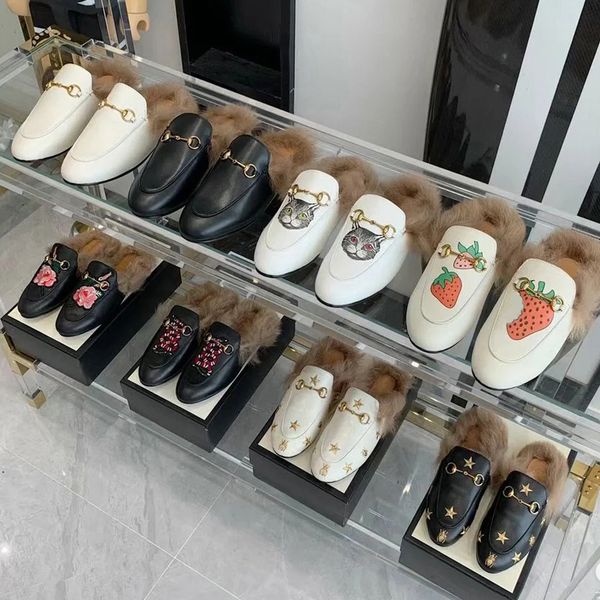 Women Man Fur Loafers Shearling Loafer Mule Leather mirror quality sole 100% real leather Designer Loafers Luxurious Embroidered Bee Star Ve