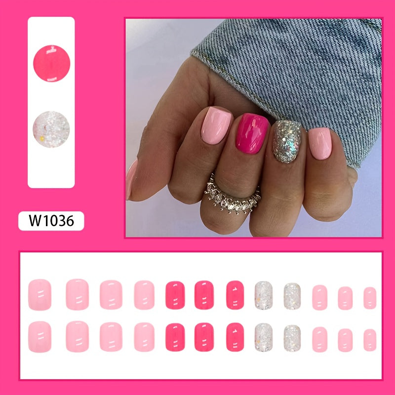 TEMU 24pcs Glossy Short Square Fake Nails, Summer Hot On Nails With Silvery Glitter Design, Sweet Cool False Nails For Women Girls