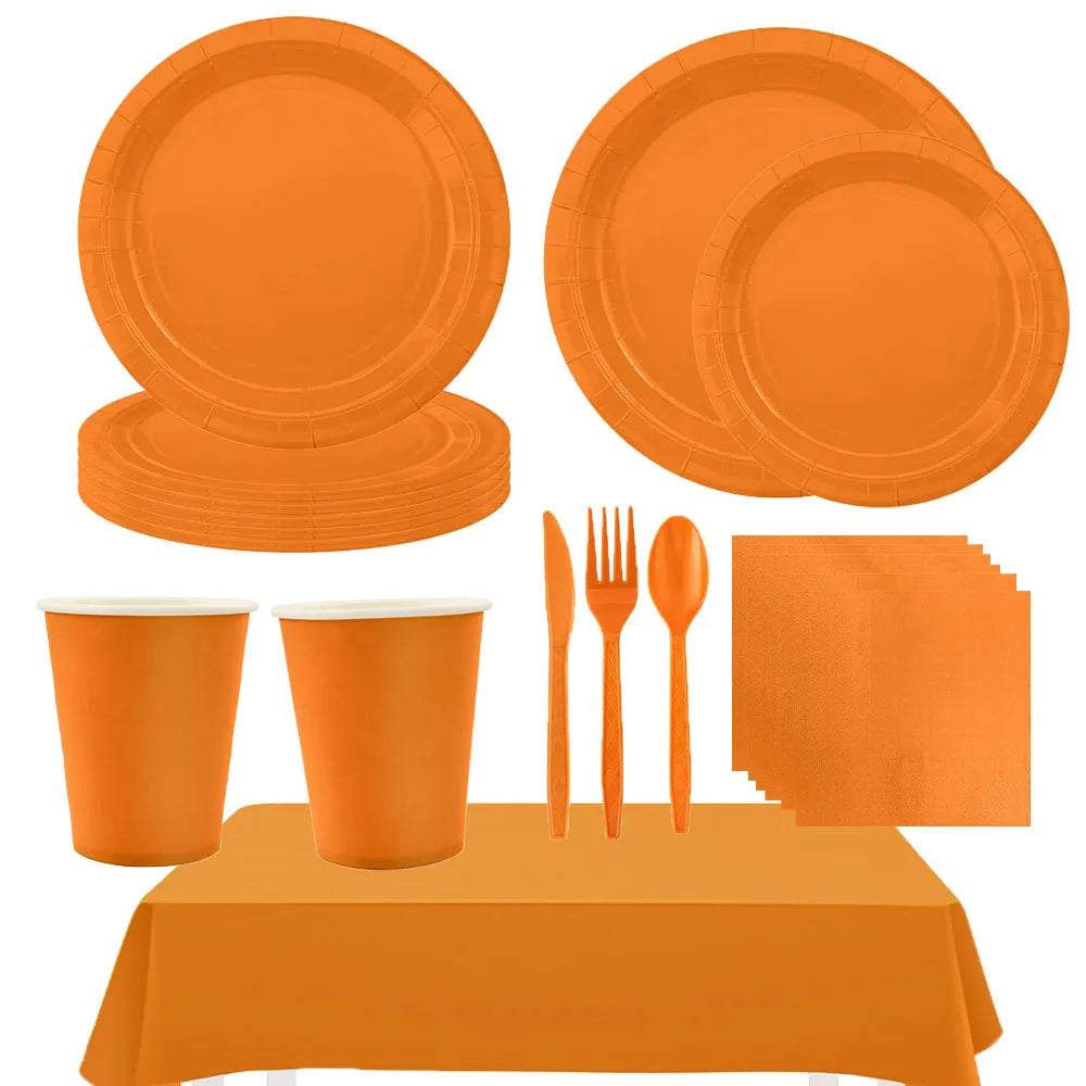 Solid Orange Theme disposable tableware Super Girls Birthday Party Decoration Paper Plates Cups Kids Boys Girls Baby Shower
