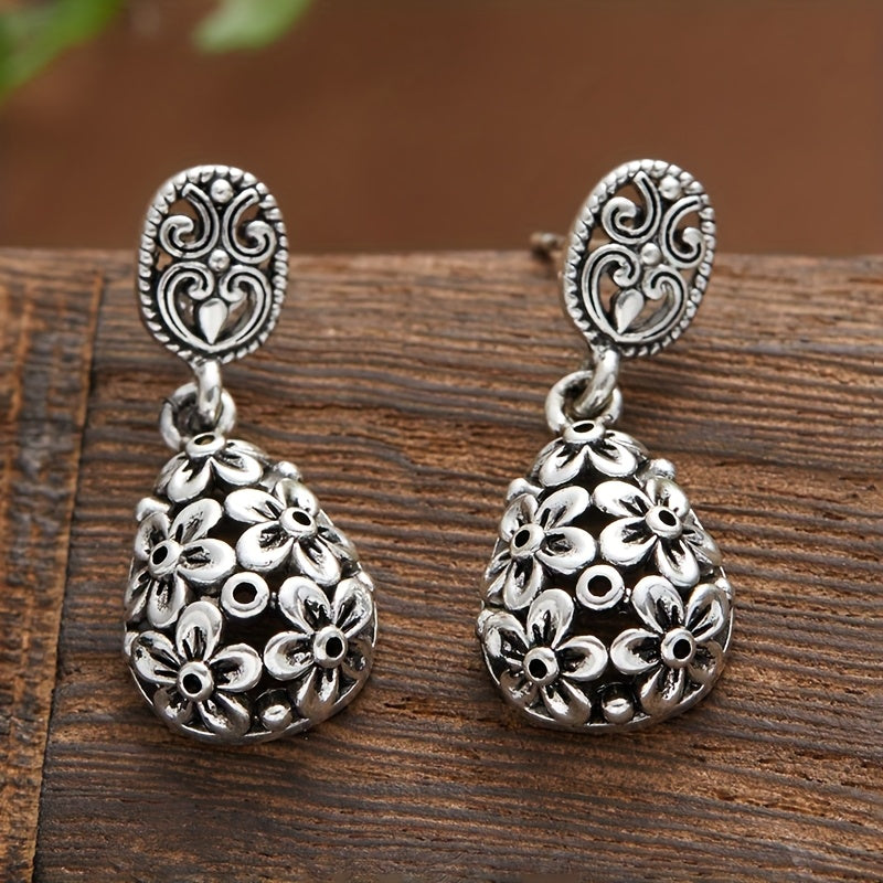 TEMU 1 Pair Of Vintage Bohemian Drop Earrings - Chic Floral Alloy Dangle Earrings With Turquoise Stone Accents, Summer Vacations & Casual Attire,