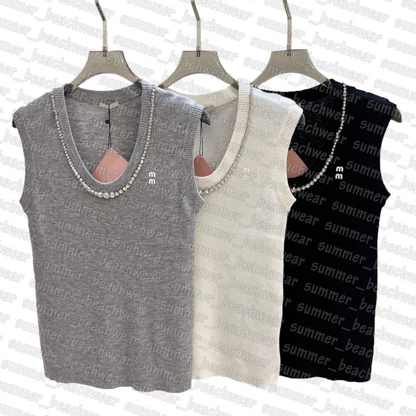 Shiny Rhinestone Neck Tanks Top Women Casual Knitted Vest Summer Sleeveless Tank Tops