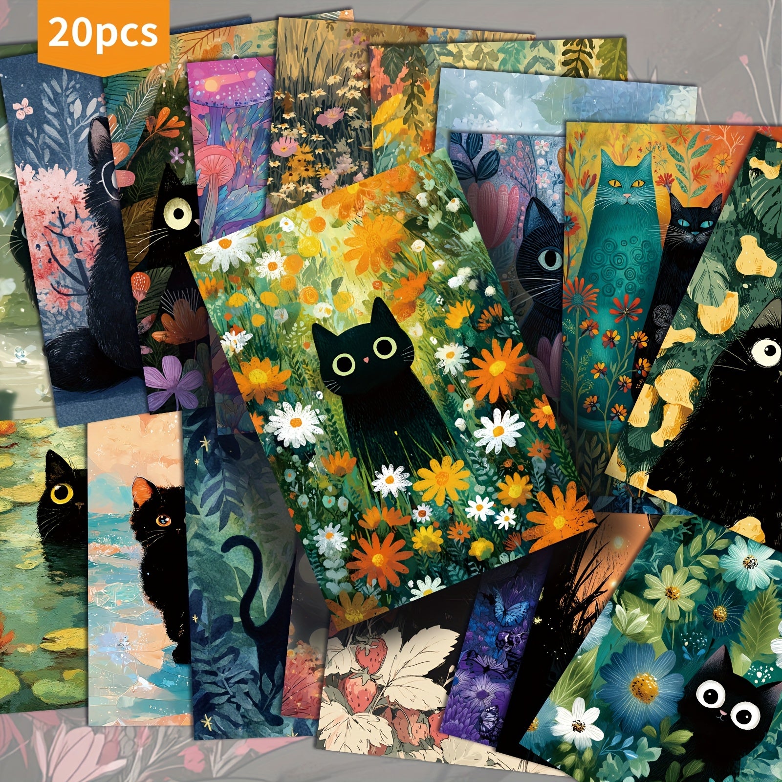 TEMU 20pcs Asstss Cute Cats & Flowers Postcards - 4x6 Inch Whimsical Illustrations, Vibrant Floral & , Durable Paper For Scrapbooking, Crafting, And