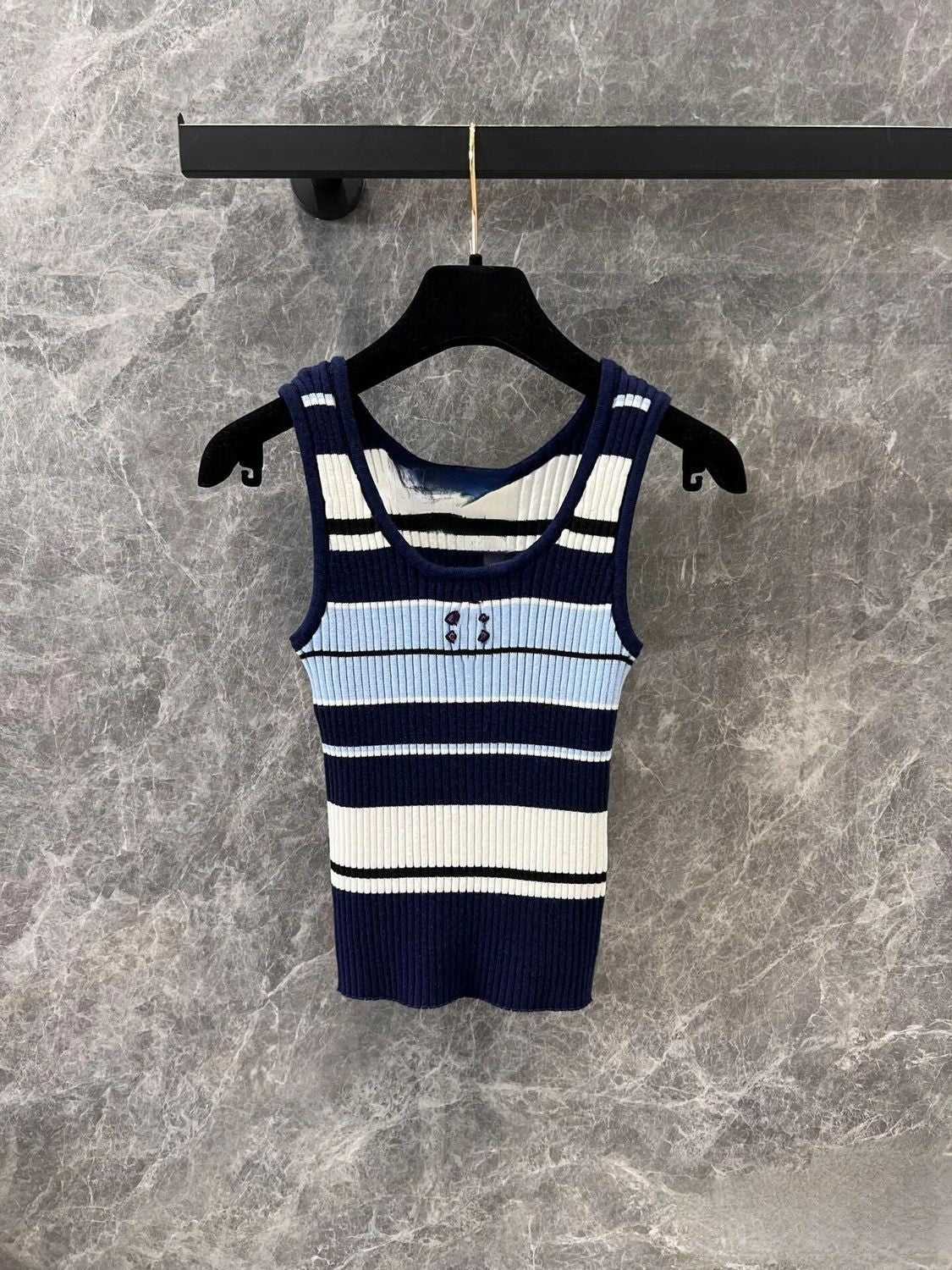 Women&#039;s o-neck sleeveless logo embroidery knitted tanks color block stripe vest camis XSSML