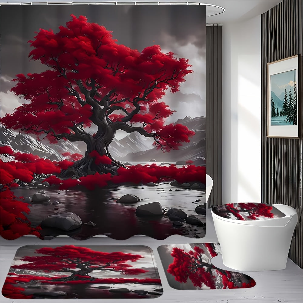 TEMU 1-4pcs Pattern, Shower Curtain Set With 12 Hooks, Non Slip Floor Mat, Bathroom U-shaped Mat, Toilet Seat Mat, Bathroom Sets Full Set, Room