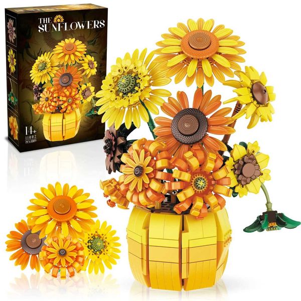 1009PCS Sunflower Building Blocks Flower Bouquet Vase Model Bricks Set Idea Home Decoration Kids Educational Toys Holiday GiftsXJ241230