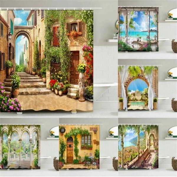 Home Wall Decor European Building Garden Patio Landscape Shower Curtains Bathroom Curtain Waterproof Bath Curtains for Bathroom Y240815