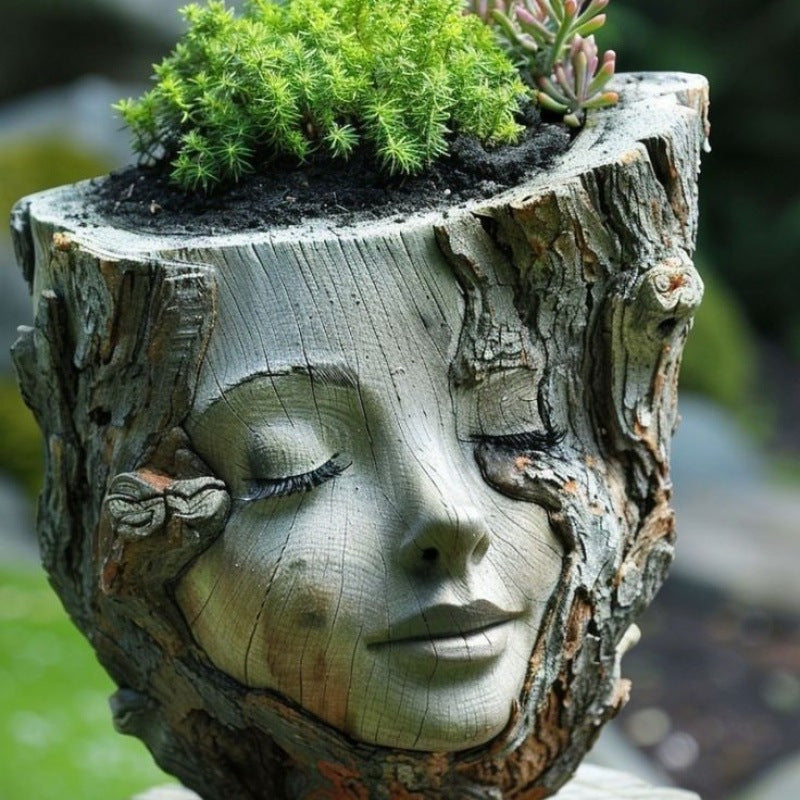 TEMU Tree Stump Girl Resin Figurine - Contemporary Nature-inspired Face With Eyes, Moss-covered Hair & , Succulent Planter Or Desktop-garden
