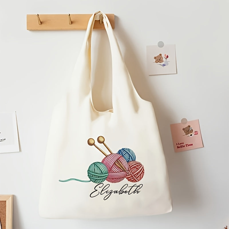 TEMU 1pc Personalized Polyester Knitting Jute Pattern Tote Bag, White, With Fixed Shoulder Strap, Machine Washable, Random Printing, For Vacation,