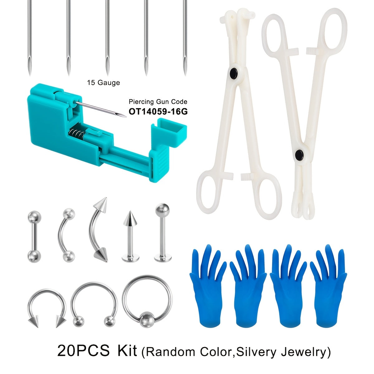 TEMU 20pcs Piercing Kit With Tool, Pliers, Needles, Stainless Steel Studs & Hoops Set For Ear, Lip, , Tongue, Nose, Eyebrow - Includes Blue Gloves,