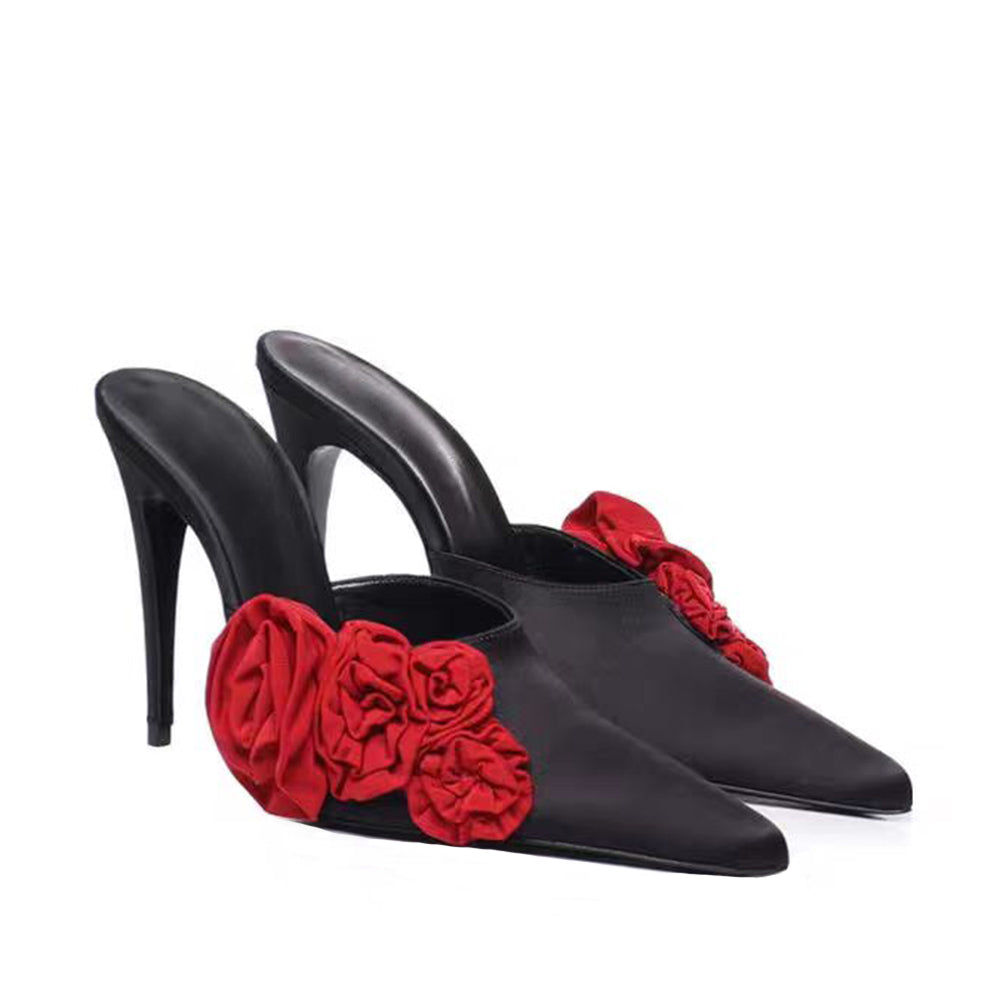 Women&#039;s pointed toe slippers mules rose flower rhinestone decoration 110mm stiletto heel sandals Pumps Luxury designers evening shoes 35-42 wit