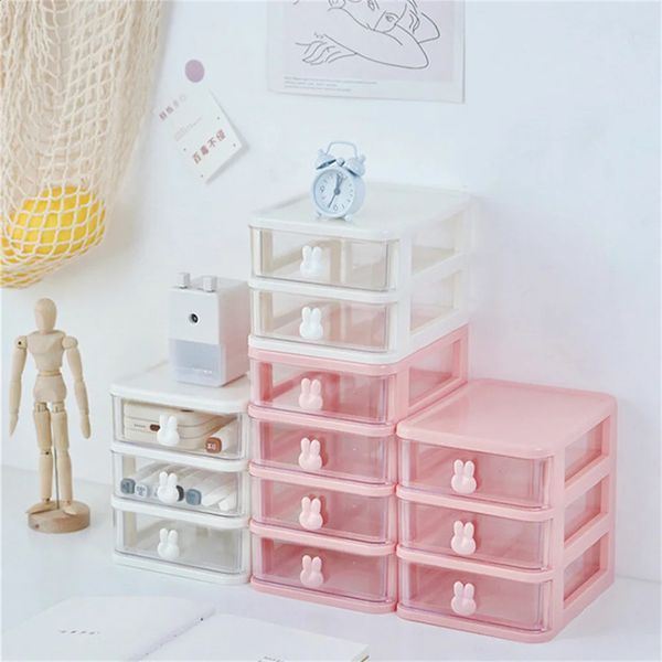 Simple desktop organizer Kawaii Rabbit drawer style storage box with plastic transparent shelf and paper-pencil-sticker-marker pen holder 24