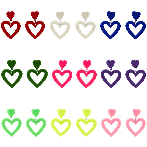 9 paire de boucles d'oreilles pendantes en acrylique en forme de cœur creux de 9 styles pour femme