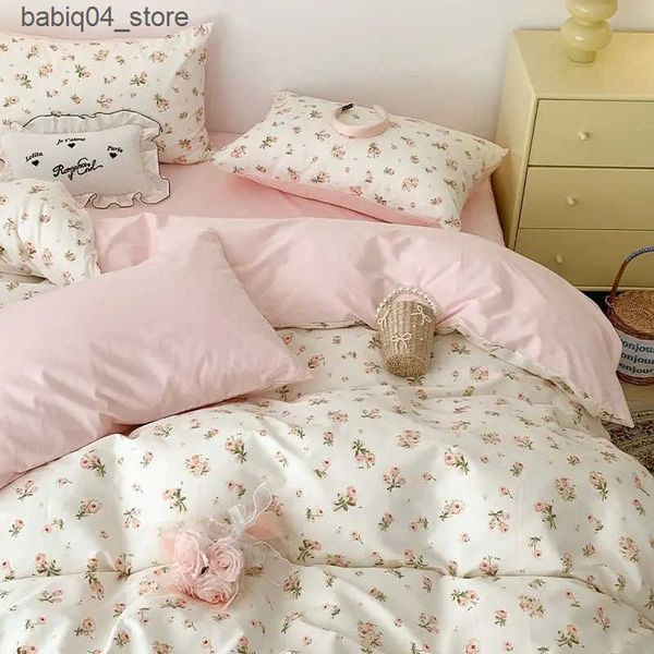 Bedding sets Ins Pink Flowers Bedding Set Flat Bed Sheet cases Twin Full Queen Size Bed Linen Women Girls Floral Duvet Cover No Filling L240
