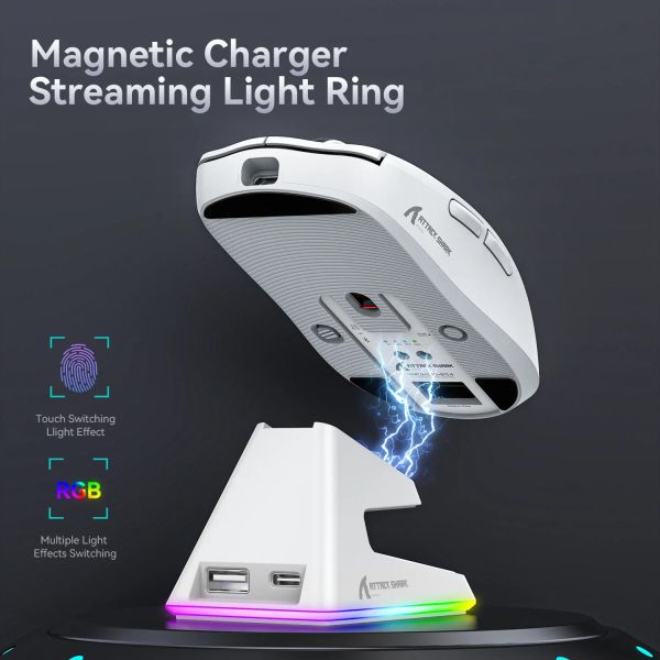 X6 PAW3395 Bluetooth Mouse , Tri-Mode Connection, RGB Touch Magnetic Charging Base, Macro Gaming Mouse
