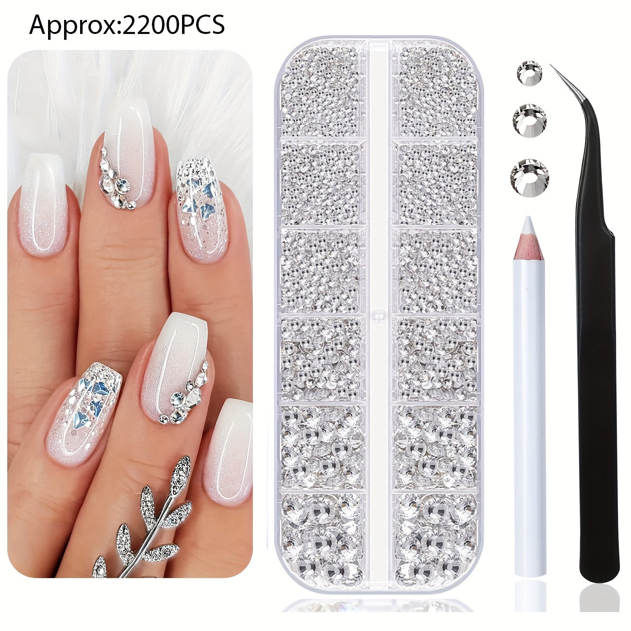 TEMU 2200pcs Of Flat Bottom White, Transparent With Storage Box, 6 Sizes. Suitable For Nail Art, Eye Makeup, Diy Crafts, Jewelry Making, And More