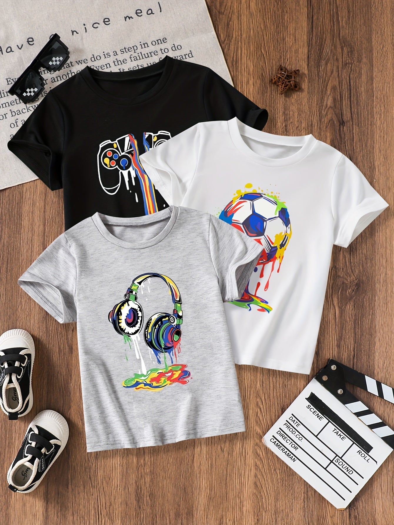 T-shirts Boys&#039; Set - Three Printed Headphones Patterned Short Sleeve Tees: Lightweight & Fast Drying Apparel Collection