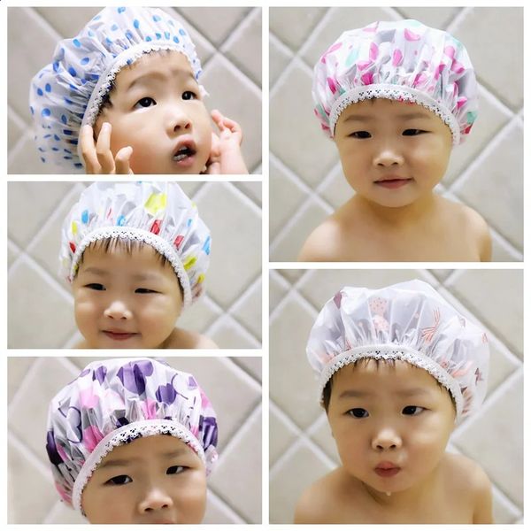 2024 Cartoon Pattern Children Bathing Hair MoistureProof Cap Baby Shower Waterproof Hat Kids Bathroom 241230