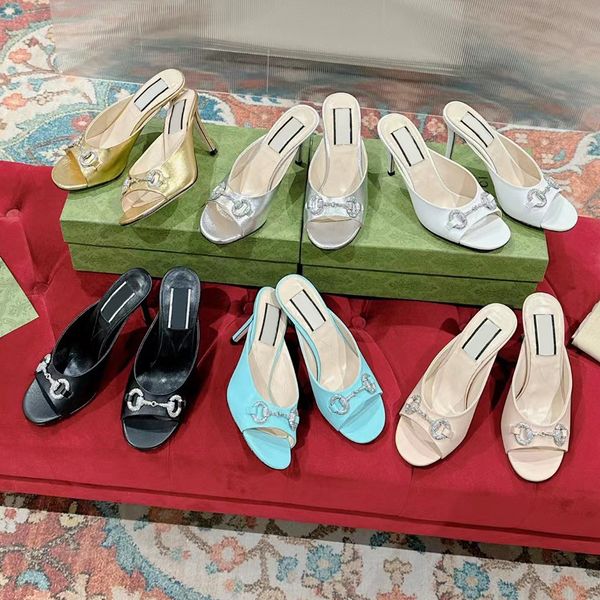 Women Designer Dress High Heels mid-heel Slipper horse sandals for women crystal encrusted Round Toes Mules Leather Party shoes 85mm With bo