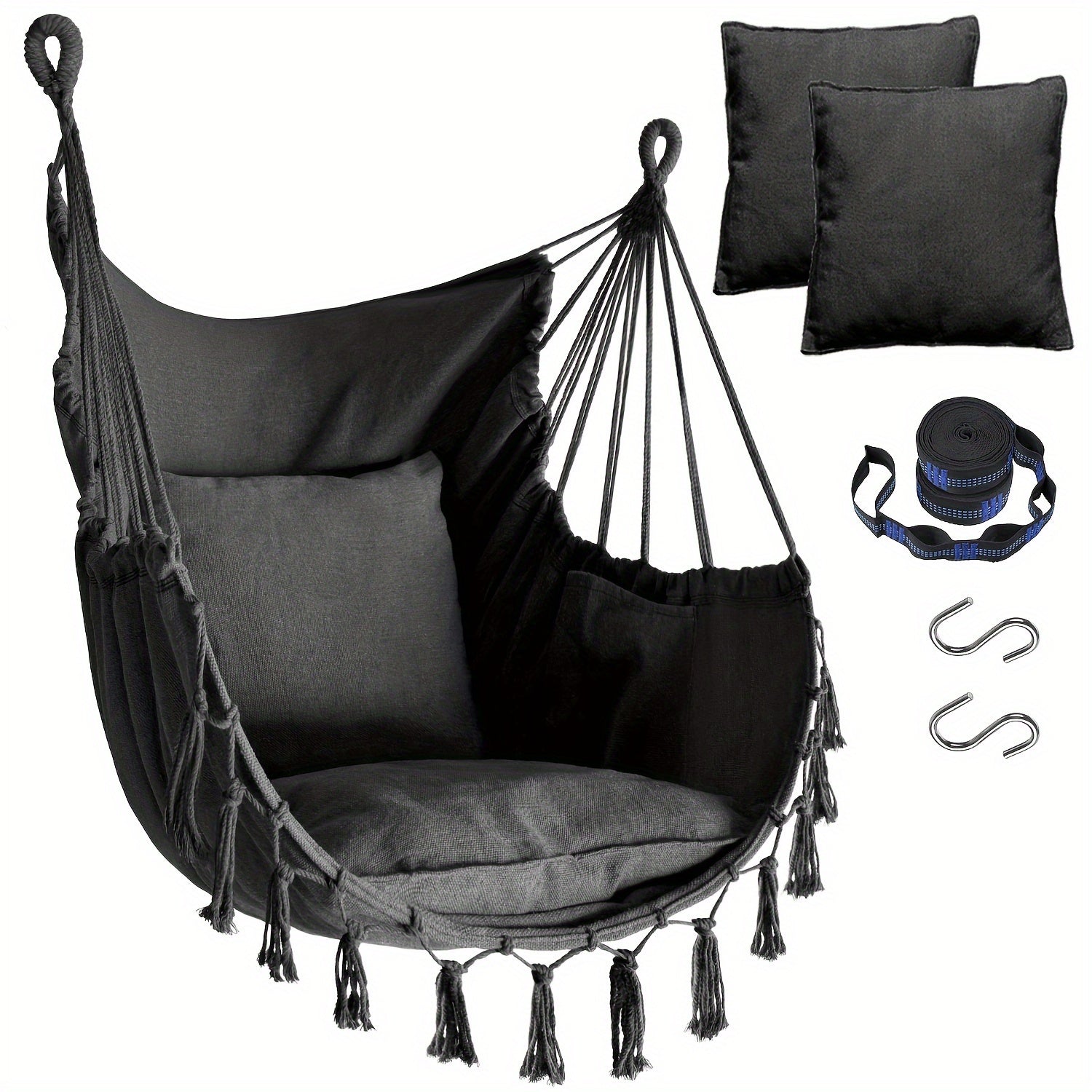 TEMU Hammock Chair Hanging Chair Swing, 2 Cushions, Strong Webbing Straps And Hooks, Hand-woven Hammock Swing Chair For Outdoor Use In Garden, Porch,