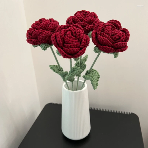 Wers Decorative 1Pc Knitting Wine Red Rose Wer Creative Hand-Knitted Simulation DIY Birthday Valentine&#039;s Day Gift For Girlfriend