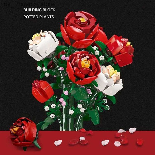 Model Building Kits Model Building Kits MOC Romantic Rose Flower Bouquet Building Blocks Creative Home Office Plant Decor Assemble Bricks To