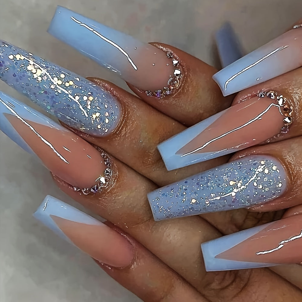 TEMU 24pcs Glossy Long Ballerina Press On Nails, And Blue French Tip Fake Nails With Design, Reusable False Nails For Women Girls