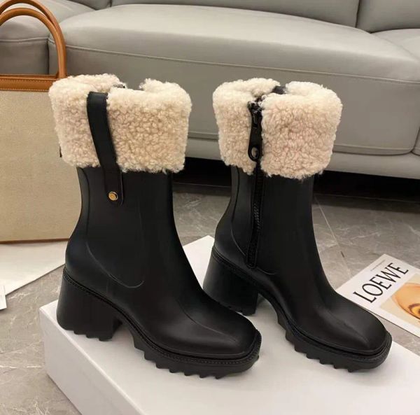 Women Betty PVC Boots Beeled Fur High heels boot Knee-high tall Rain Boot Waterproof Welly Rubber Soles Platform Outdoor Rains hoes Designer